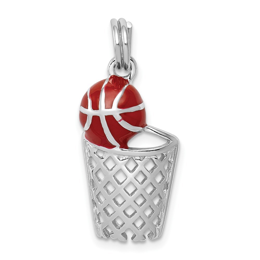 925 Sterling Silver Genuine Sports Orange Enamel Basketball & Hoop Charm